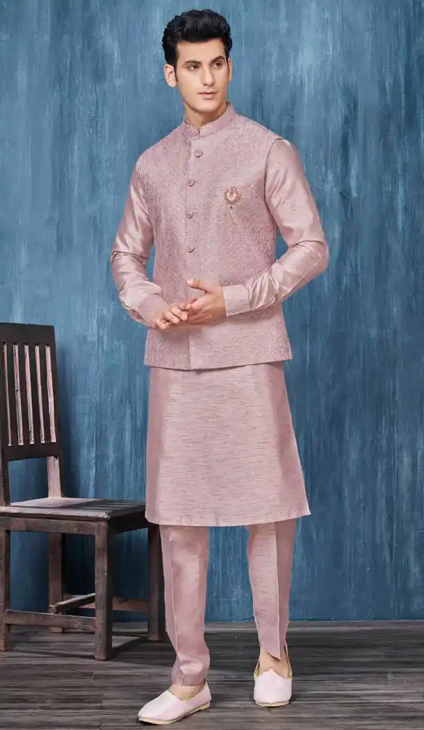 Onion Banarasi Silk Resham Work Men Readymade Kurta Pajama With Jacket - 8232181280