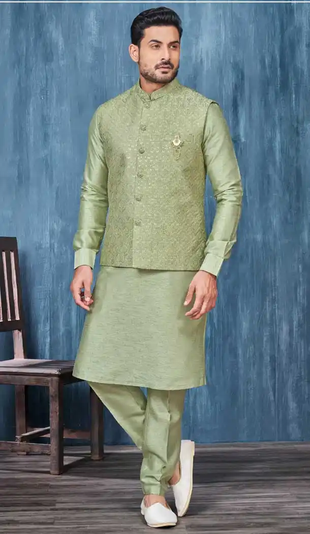 Green Banarasi Silk Resham Work Men Readymade Kurta Pajama With Jacket - 8232181281