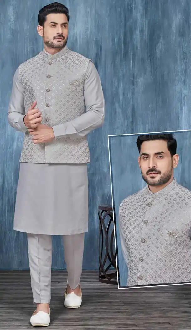 Light Grey Banarasi Silk Resham Work Men Readymade Kurta Pajama With Jacket - 8232181283