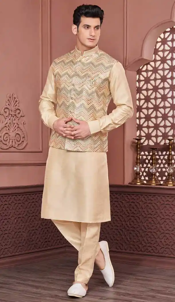 Light Chiku Banarasi Silk Resham Work Men Readymade Kurta Pajama With Jacket - 8232181287