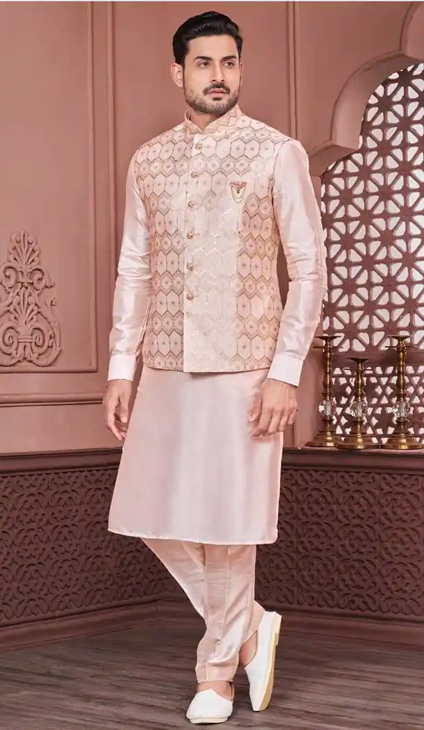 Peach Banarasi Silk Sequins Work Men Readymade Kurta Pajama With Jacket - 8232181289