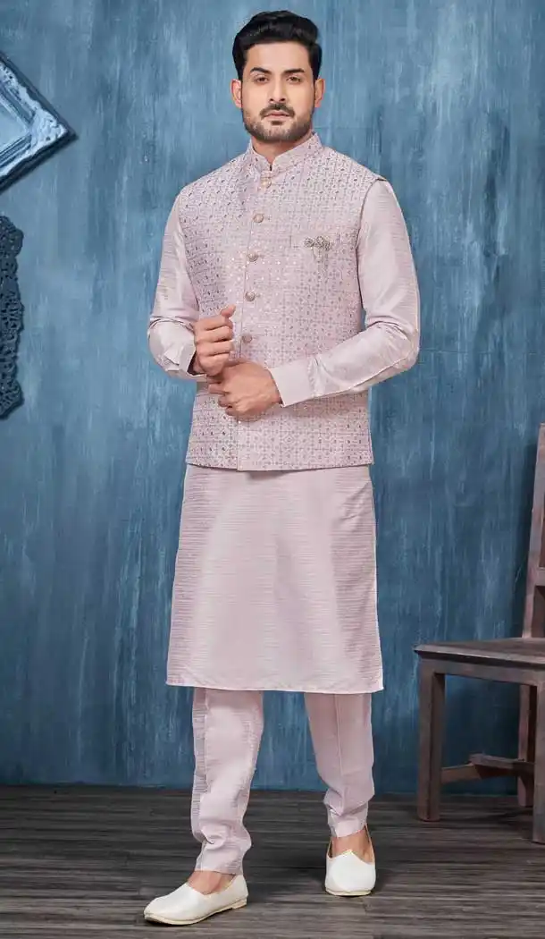 Light Onion Banarasi Silk Resham Work Men Readymade Kurta Pajama With Jacket - 8232181295