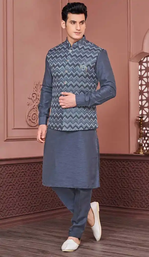 Grey Resham Work Banarasi Silk Men Readymade Kurta Pajama With Jacket - 8232181296