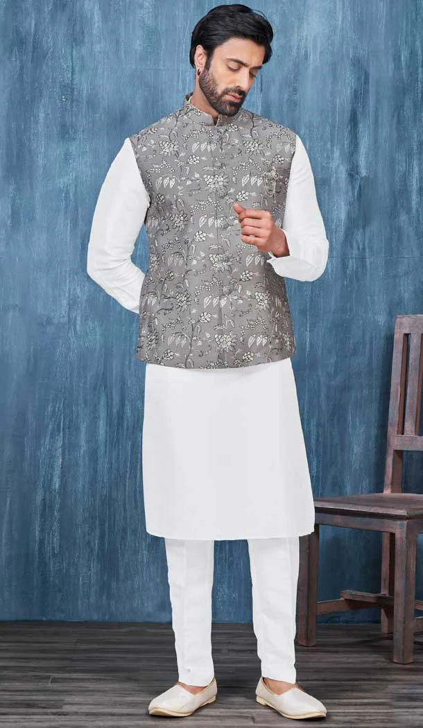 White Banarasi Silk Resham Work Men Readymade Kurta Pajama With Jacket - 8232181299