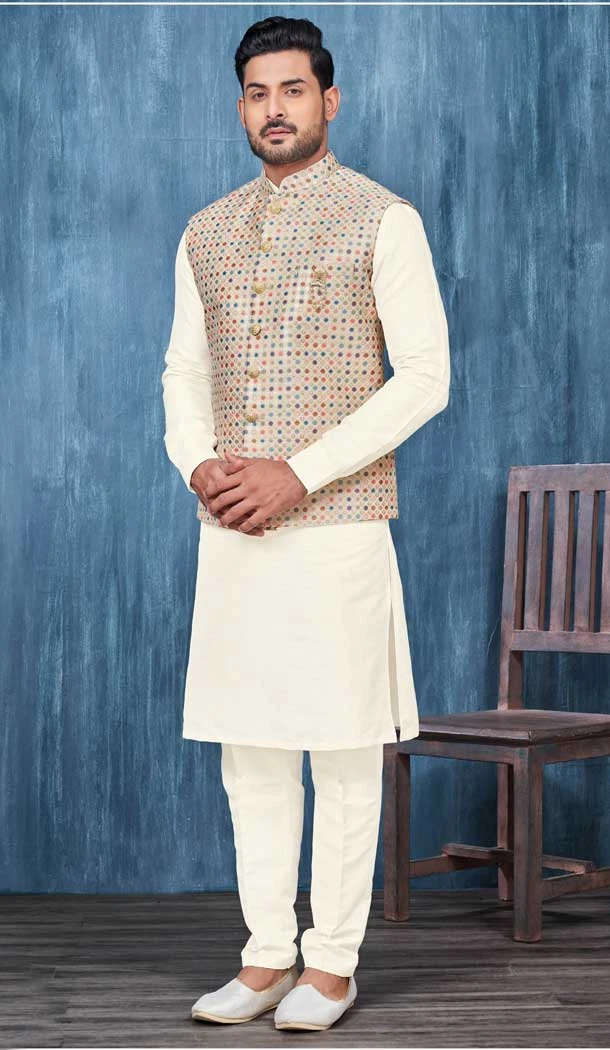 Cream Digital Print Work Banarasi Silk Men Readymade Kurta Pajama With Jacket - 8232181302