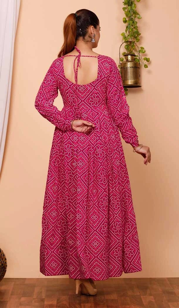 Pure Muslin Bandhej Work Pink Party Wear Readymade Gown With Dupatta - 8275181551