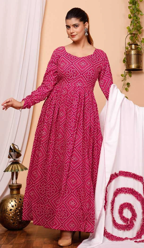 Pure Muslin Bandhej Work Pink Party Wear Readymade Gown With Dupatta - 8275181551