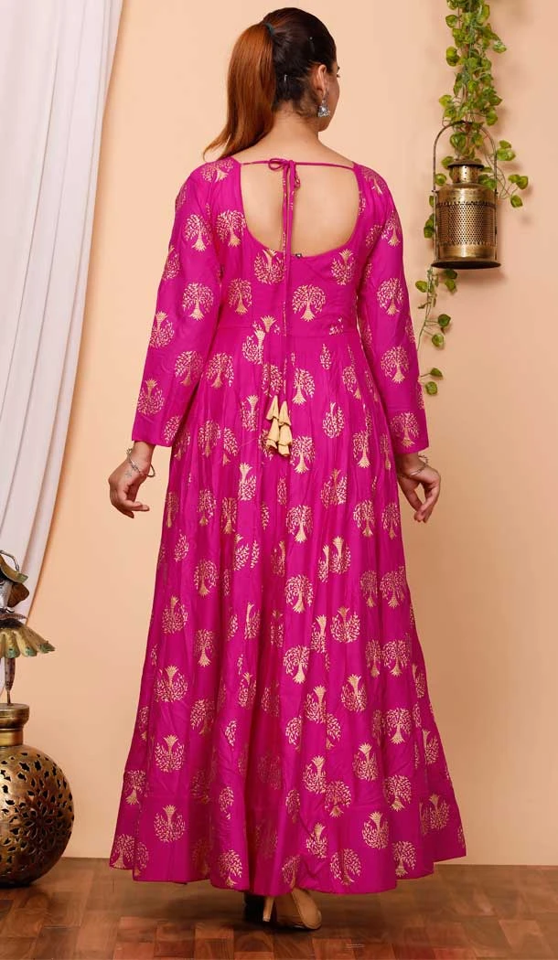 Pure Rayon Foil Print Work Pink Party Wear Readymade Gown With Dupatta - 8275181554