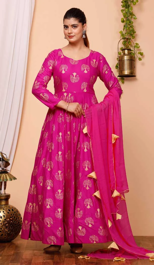 Pure Rayon Foil Print Work Pink Party Wear Readymade Gown With Dupatta - 8275181554