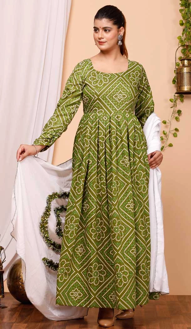 Pure Muslin Bandhej Work Green Party Wear Readymade Gown With Dupatta - 8275181552