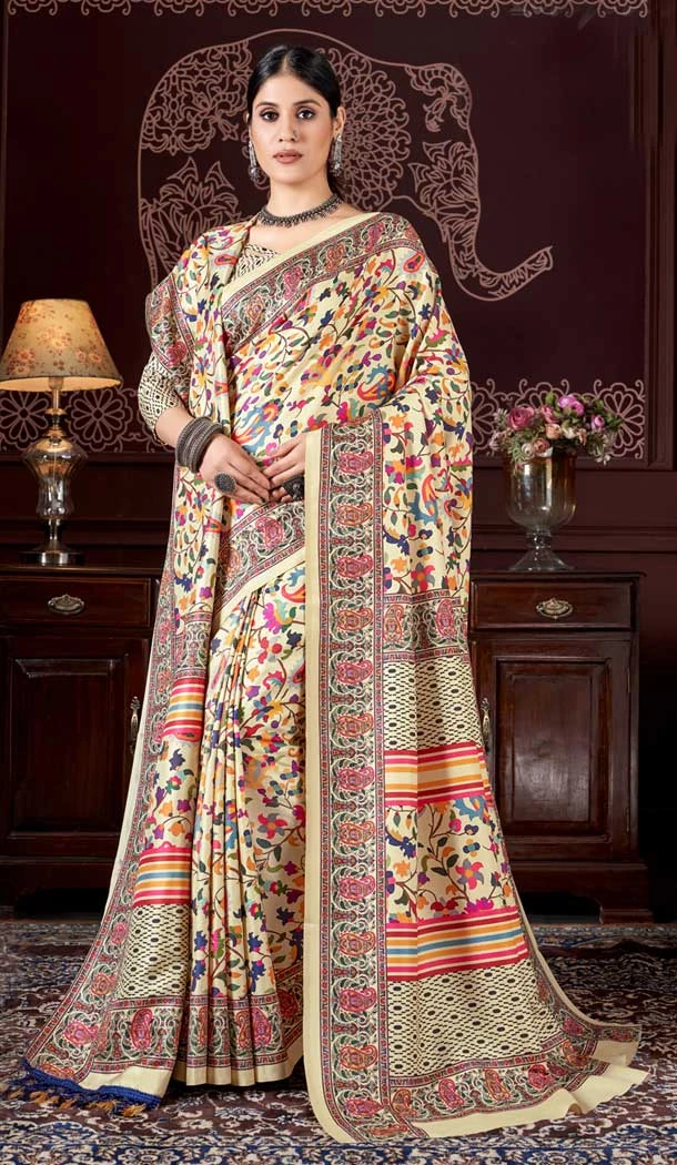 Beige Pashmina Digital Print Work Traditional Party Wear Saree - 8283181578