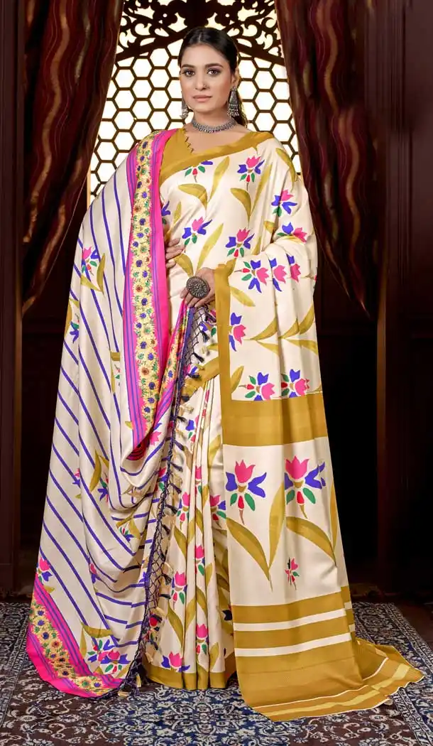 Light Beige Pashmina Digital Print Work Traditional Party Wear Saree - 8283181579