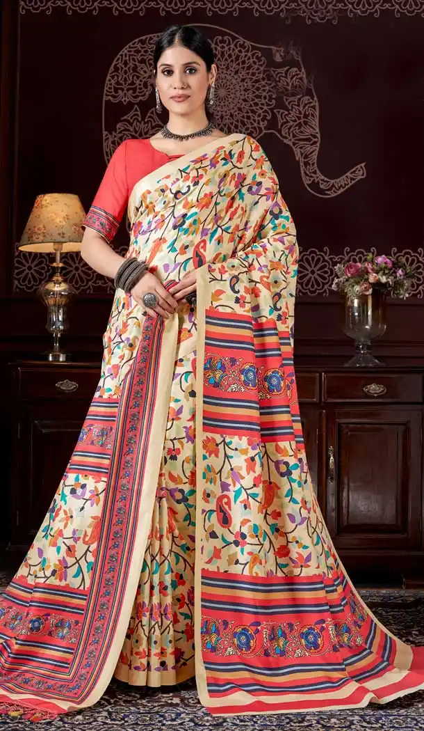 Pashmina Light Beige Digital Print Work Traditional Party Wear Saree - 8283181580