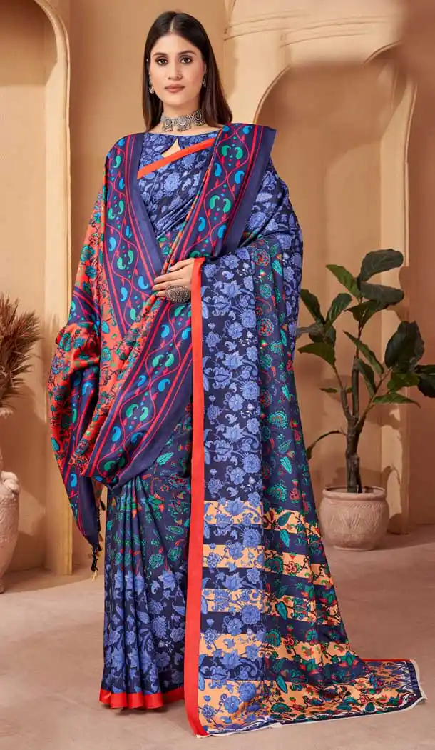 Blue Pashmina Digital Print Work Traditional Party Wear Saree - 8283181582