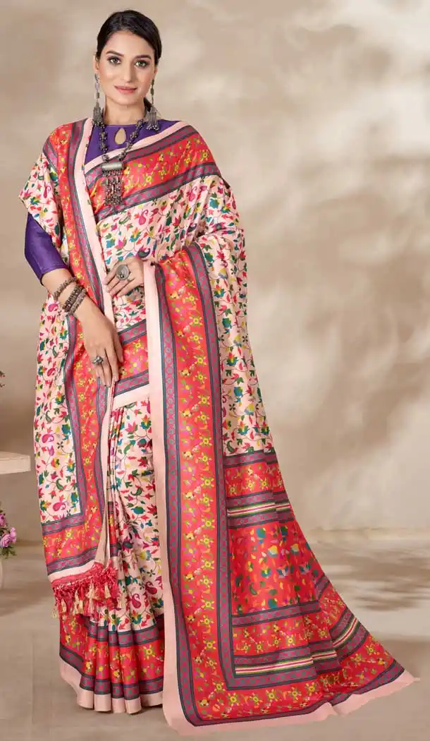 Pashmina Beige Digital Print Work Traditional Party Wear Saree - 8283181583