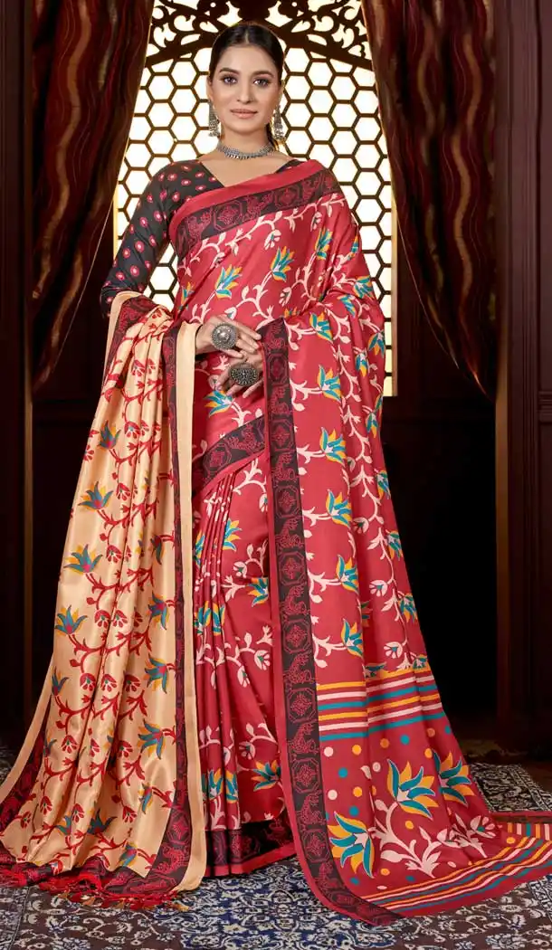 Red Pashmina Digital Print Work Traditional Party Wear Saree - 8283181587