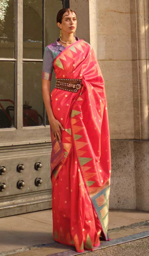 Plus Size Women Khadi Silk Woven Work Casual Party Wear Saree In Pink - 828181593