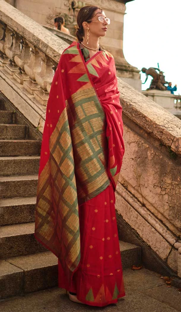 Plus Size Women Khadi Silk Woven Work Casual Party Wear Saree In Red - 828181595 Plus Size Women Khadi Silk Woven Work Casual Party Wear Saree In Red - 828181595