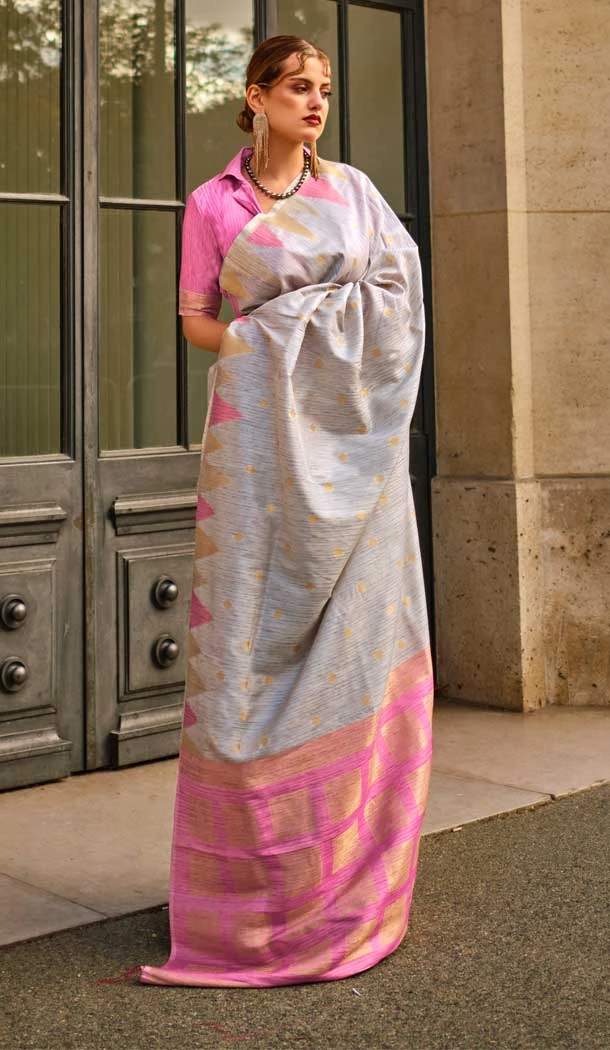 Plus Size Women Khadi Silk Woven Work Casual Party Wear Saree In Grey - 828181597