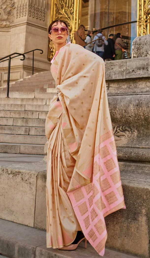 Plus Size Women Khadi Silk Woven Work Casual Party Wear Saree In Cream - 828181599
