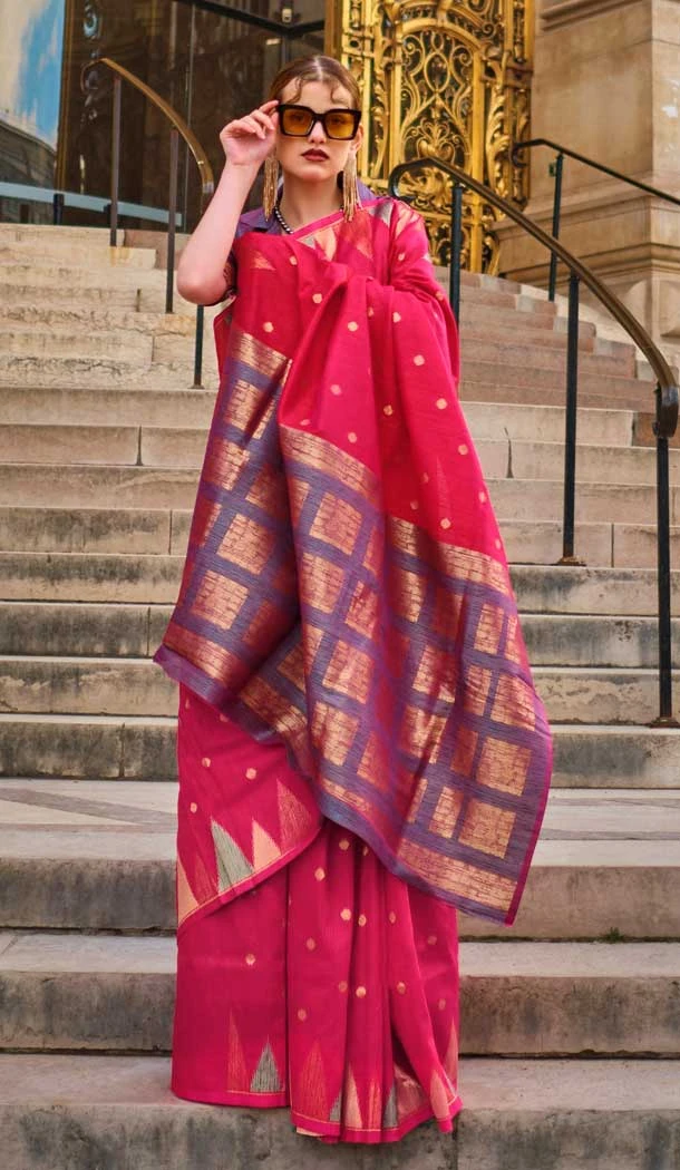Plus Size Women Khadi Silk Woven Work Casual Party Wear Saree In Rani - 828181600 Plus Size Women Khadi Silk Woven Work Casual Party Wear Saree In Rani - 828181600