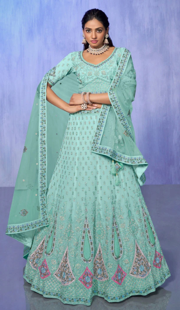 Aqua Georgette With Embroidery Work Designer Wedding Wear Lehenga Choli - 8286181603