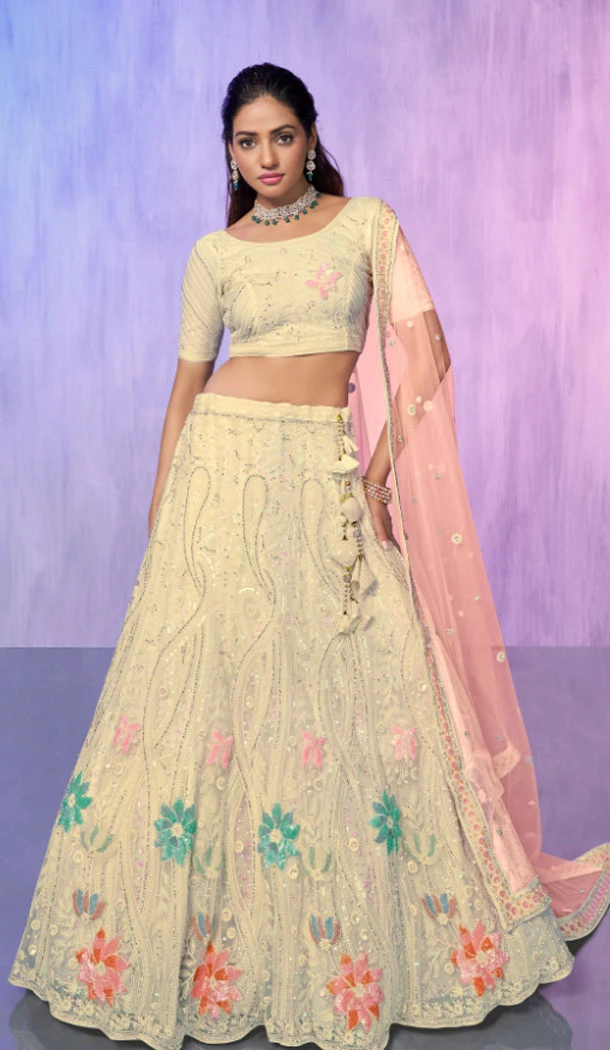 Off White Net With Embroidery Work Designer Wedding Wear Lehenga Choli - 8286181604