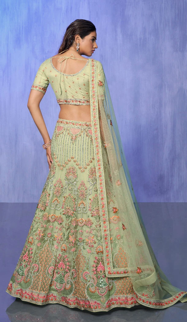 Green Net With Embroidery Work Designer Wedding Wear Lehenga Choli - 8286181606