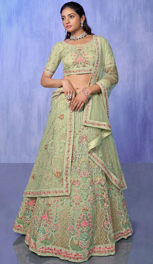 Green Net With Embroidery Work Designer Wedding Wear Lehenga Choli - 8286181606