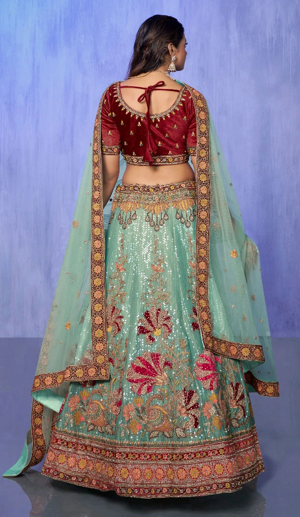 Turquoise Velvet With Embroidery Work Designer Wedding Wear Lehenga Choli - 8286181607