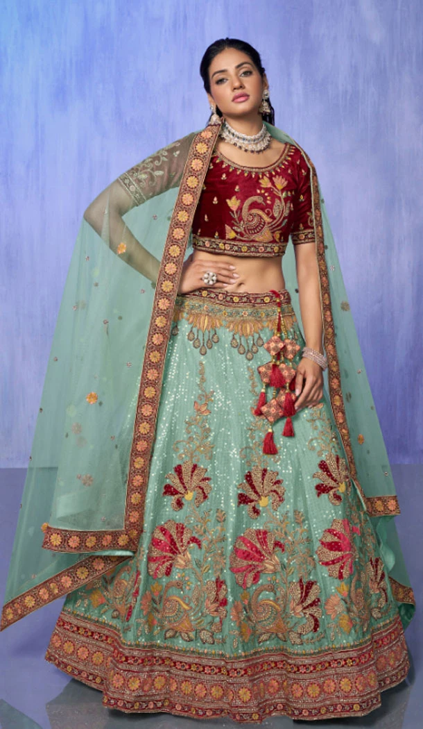Turquoise Velvet With Embroidery Work Designer Wedding Wear Lehenga Choli - 8286181607