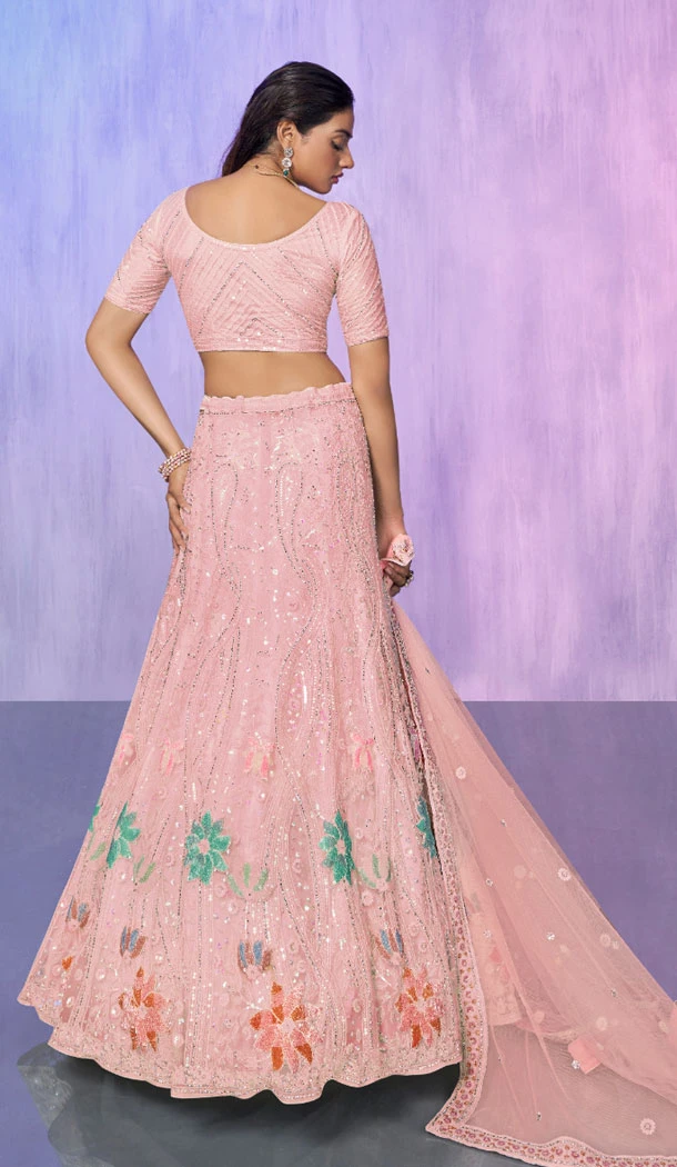 Peach Net With Embroidery Work Designer Wedding Wear Lehenga Choli - 8286181611