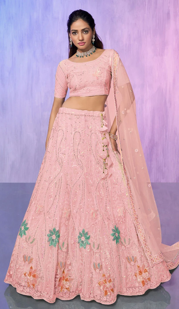 Peach Net With Embroidery Work Designer Wedding Wear Lehenga Choli - 8286181611