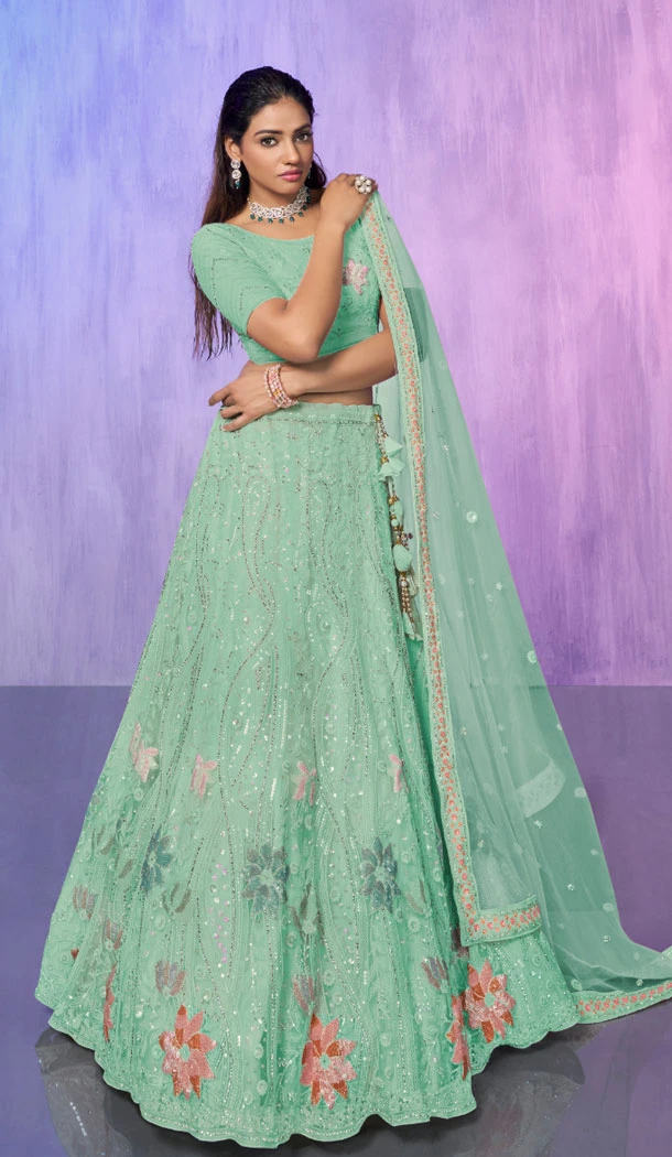 Aqua Net With Embroidery Work Designer Wedding Wear Lehenga Choli - 8286181612