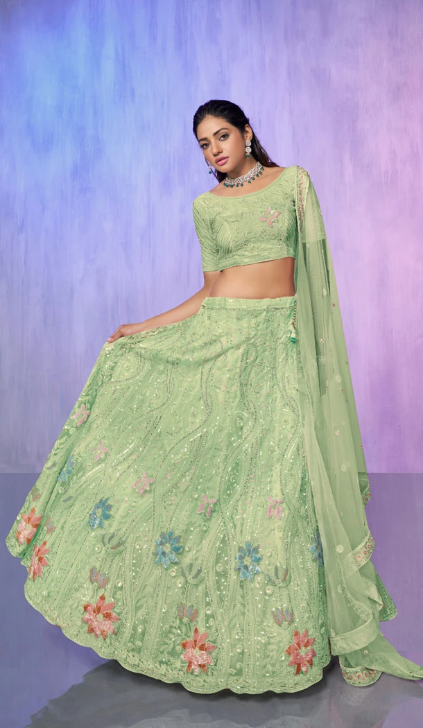 Sea Green Net With Embroidery Work Designer Wedding Wear Lehenga Choli - 8286181613