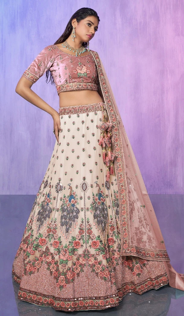 White Velvet With Embroidery Work Designer Wedding Wear Lehenga Choli - 8286181614