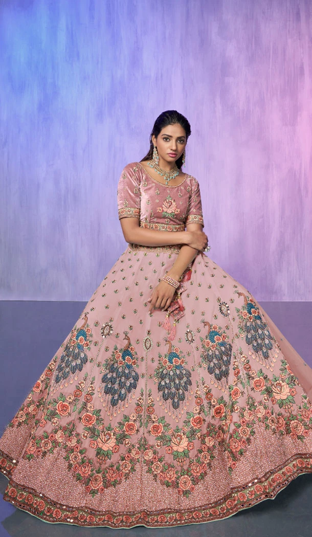 Peach Velvet With Embroidery Work Designer Wedding Wear Lehenga Choli - 8286181615