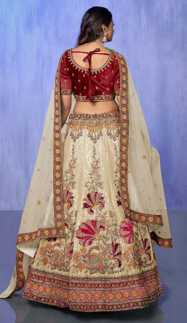 Velvet White With Embroidery Work Designer Wedding Wear Lehenga Choli - 8286181618