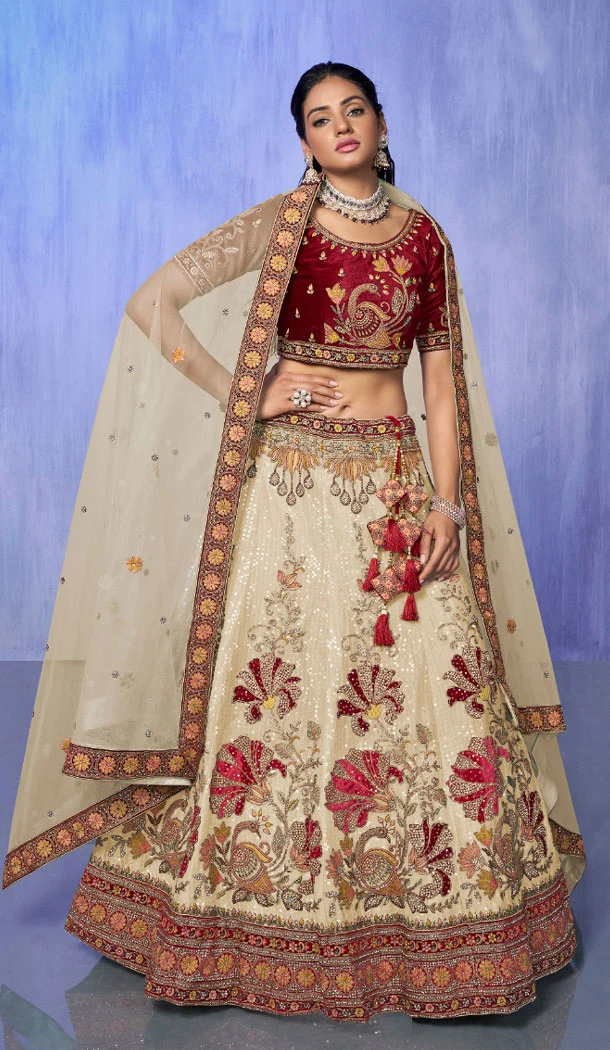 Velvet White With Embroidery Work Designer Wedding Wear Lehenga Choli - 8286181618
