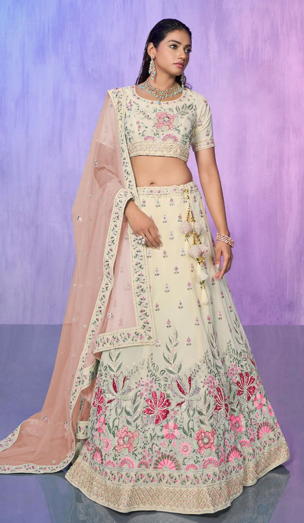 Georgette White With Embroidery Work Designer Wedding Wear Lehenga Choli - 8286181619
