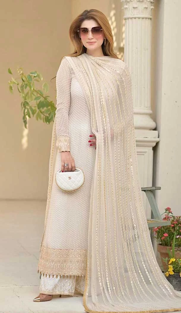 Georgette Embroidered Pakistani Palazzo Salwar Suit In Cream - 11195199558