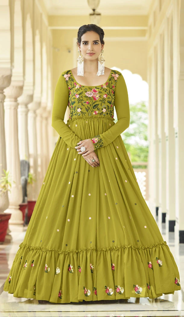 Georgette Sequence Embroidery Work Party Wear Gown In Florescence - 8340181890