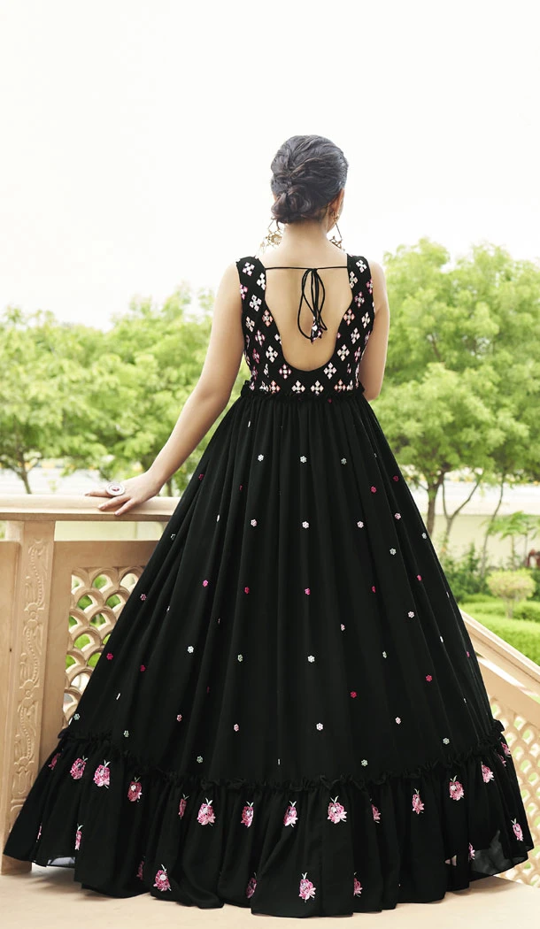 Georgette Sequence Embroidery Work Party Wear Gown In Black - 8340181891
