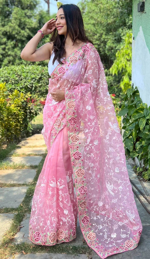 Organza Heavy Embroidery Work Pink Designer Party Wear Saree - 8344181901