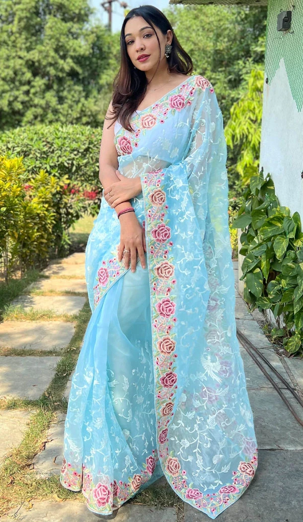 Organza Heavy Embroidery Work Sky Designer Party Wear Saree - 8344181902