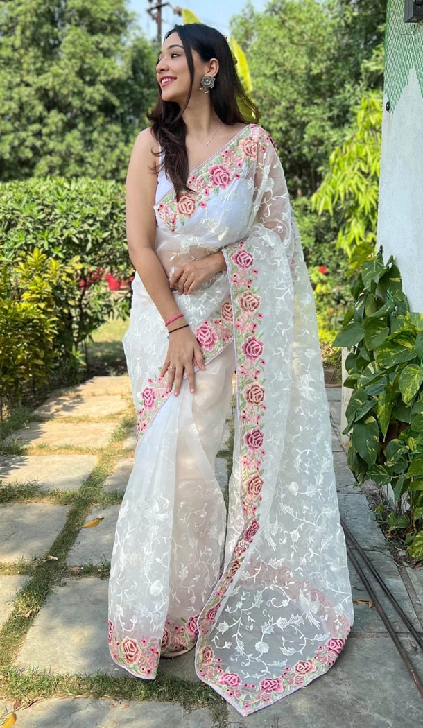 Organza Heavy Embroidery Work Cream Designer Party Wear Saree - 8344181905