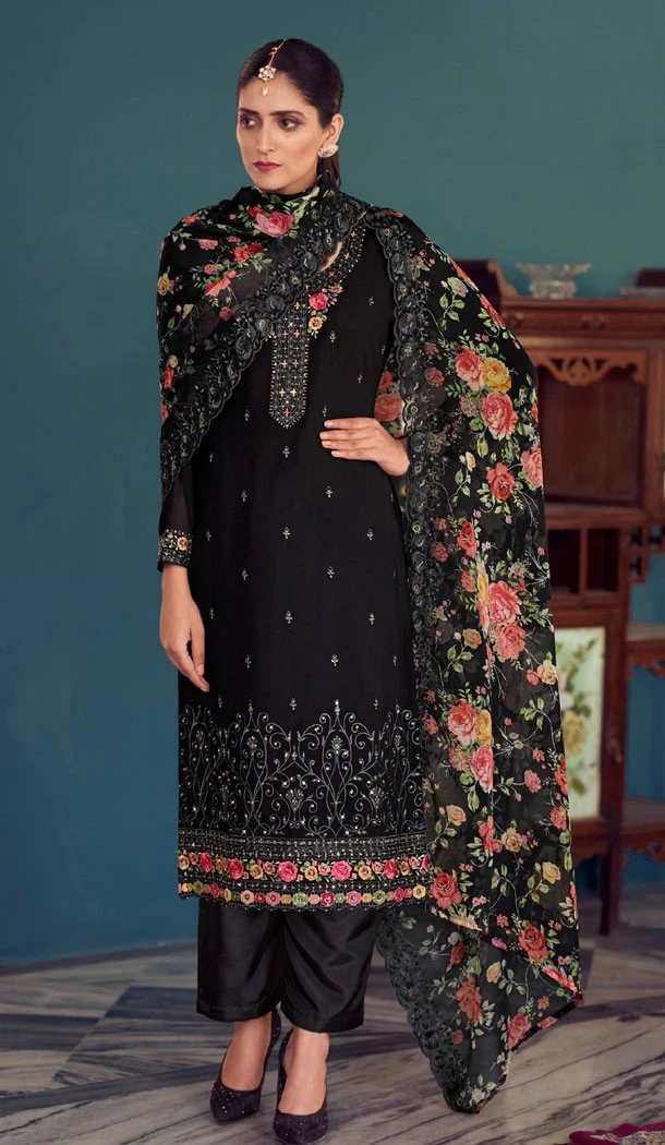 Designer Embroidery Work Georgette Party Wear Salwar Kameez In Black - 8347181914