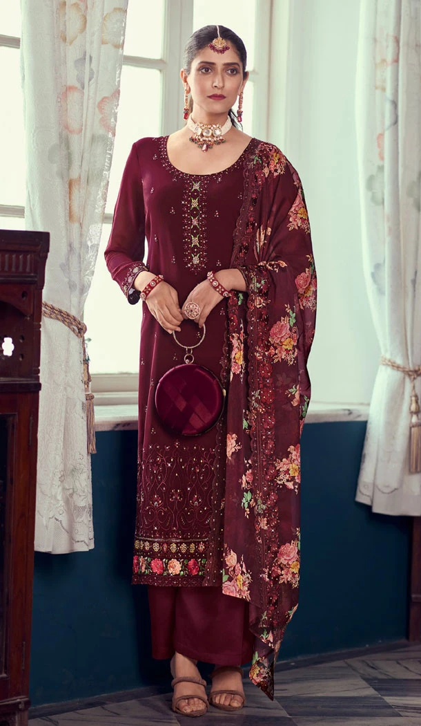 Designer Embroidery Work Georgette Party Wear Salwar Kameez In Maroon - 8347181918