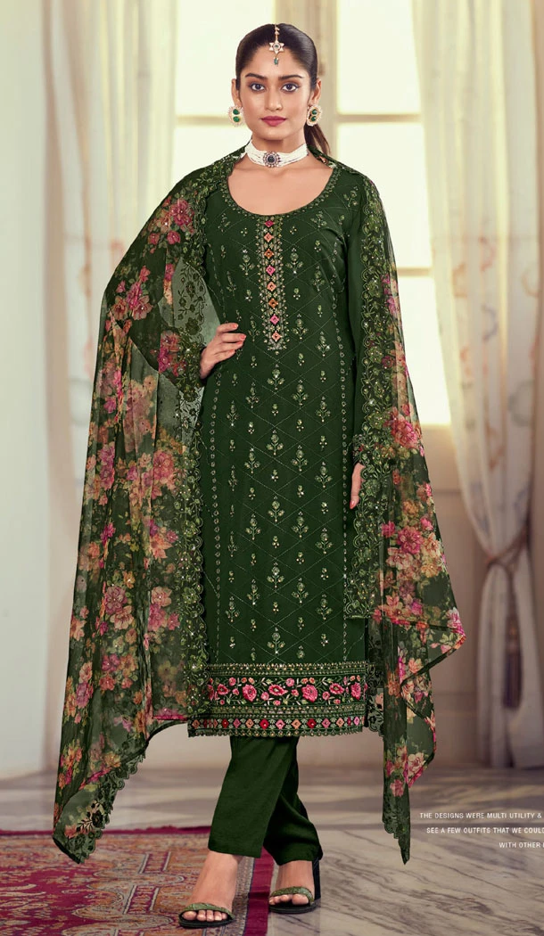 Designer Embroidery Work Georgette Party Wear Salwar Kameez In Olive Green - 8347181919