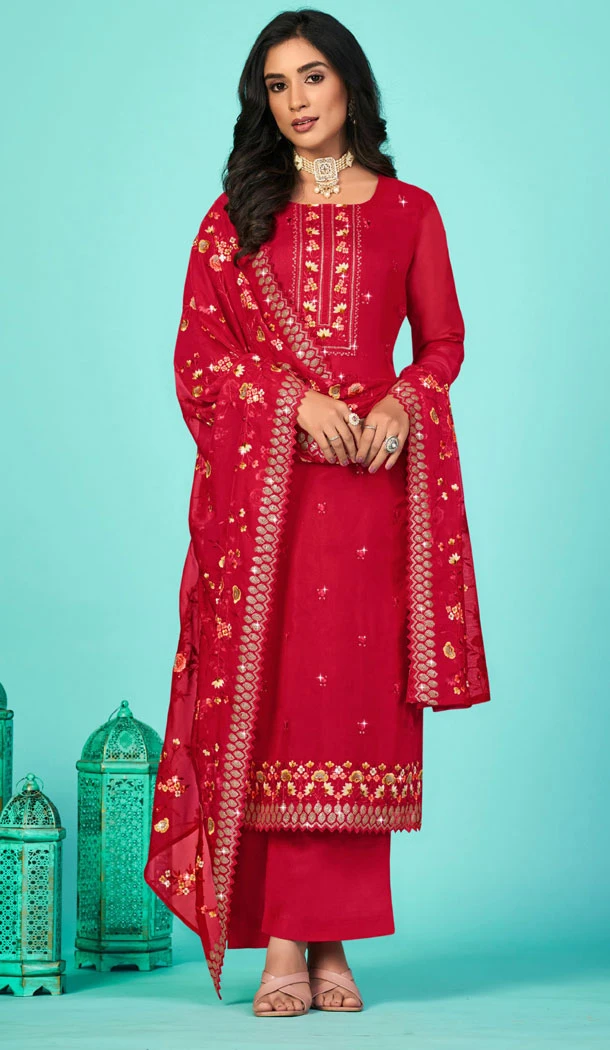 Embroidered Organza Red Designer Party Wear Palazzo Salwar Kameez - 8348181920